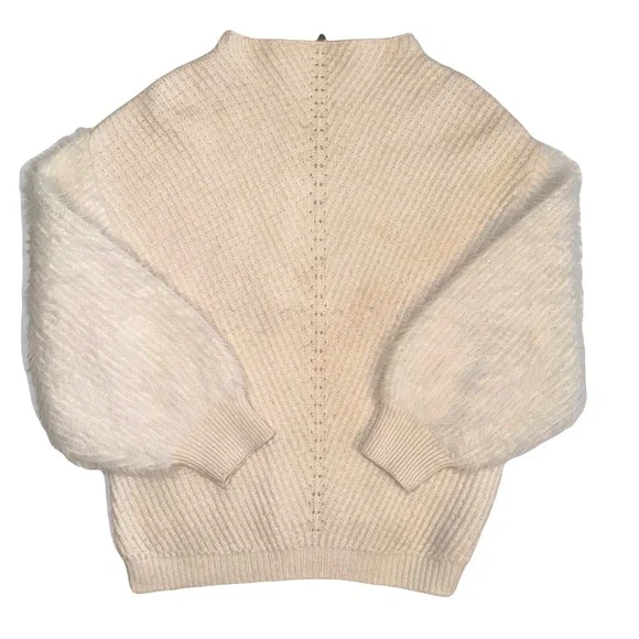 Anthropologie Knitted & Knotted Ivory Sweater Faux Fur Balloon Sleeves Size M - Picture 4 of 8